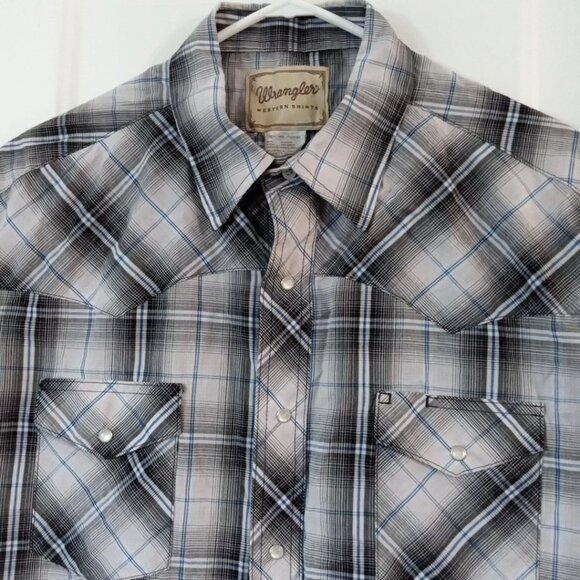 Wrangler Western Shirt Men’s XL Gray Plaid Pearl Snap Short Sleeve - Picture 2 of 5